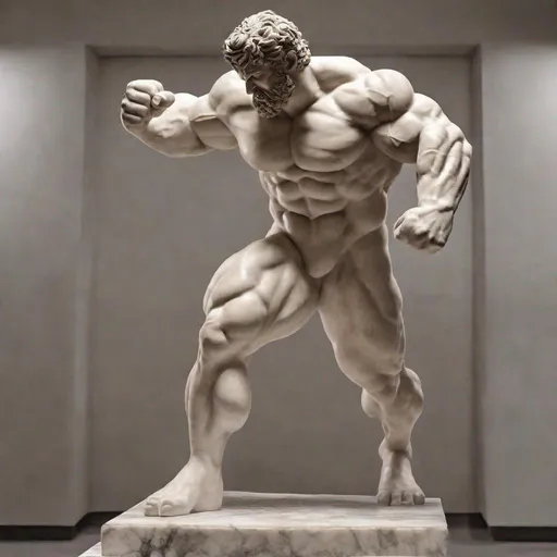 Prompt: marble sculpture body.hellenistic 1st century AD,soft lighting. Muscular male giant bodybuilder, massive muscles. Full body. Big muscles, active pose. Super hero made of marble, invincible, most powerful human, strongest.