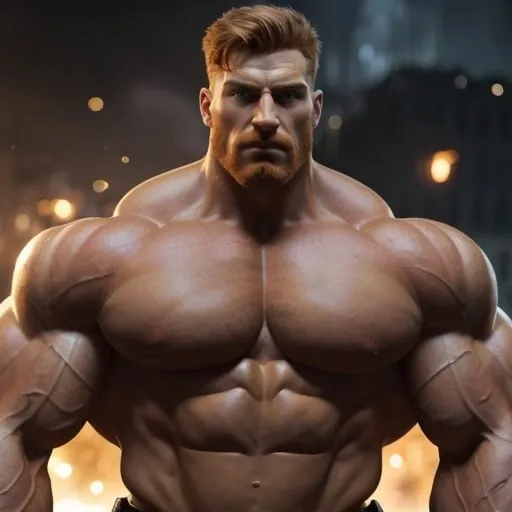 Prompt: Digital art of a massive, muscular, military man with ginger hair, superhero-themed, close-up shot, extremely masculine, huge pumped pecs, bulging biceps, v-shaped torso, wide shoulders, small waist, ripped physique, muscle morphing, strong facial features, short hairs, high-res, detailed, masculine, superhero, close-up, powerful, intense lighting