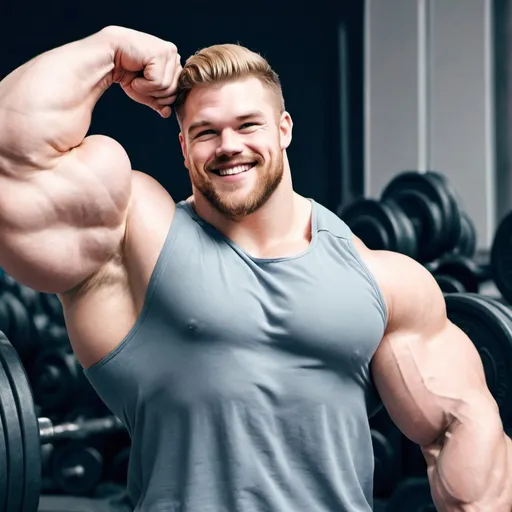 Prompt: Biggest bicep flex ever. Huge muscular bodybuilder with giant muscle, arm close up. 200 cm bicep flex. 300 kg. Super Tall. Very strong, hairy body. Handsome and masculine. Big muscles. Young, blonde, buff. Realistic, smiling, cute. Bulk. Chubby