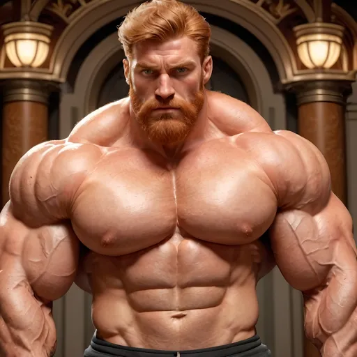 Prompt: Massive muscular hairy man in tight sport outfit, giant pecs and biceps, v-shaped with small waist, wide shoulders, elegant attire, ginger, masculine, bulging muscles, 8k quality, masculine, fantasy art, muscle morph, handsome, stylish lighting, realistic style, detailed facial features, intense gaze