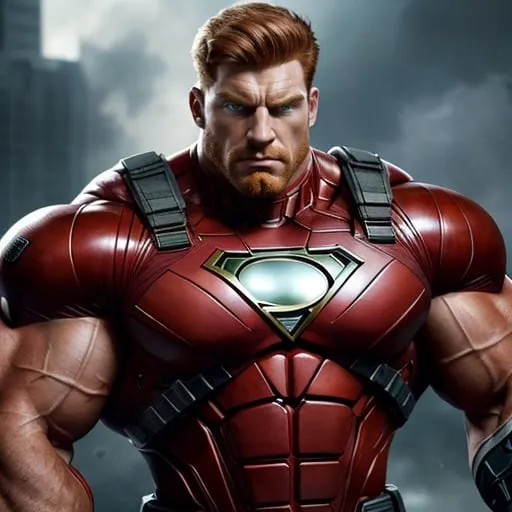 Prompt: Digital art of a massive, muscular, military man with ginger hair, superhero-themed, close-up shot, extremely masculine, huge pumped pecs, bulging biceps, v-shaped torso, wide shoulders, small waist, ripped physique, muscle morphing, strong facial features, short hairs, high-res, detailed, masculine, superhero, close-up, powerful, intense lighting