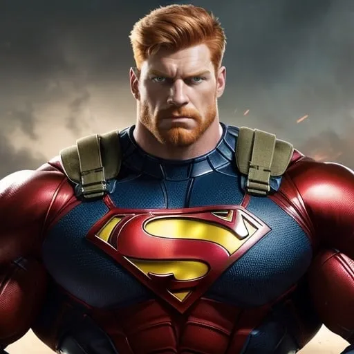 Prompt: Digital art of a massive, muscular, military man with ginger hair, superhero-themed, close-up shot, extremely masculine, huge pumped pecs, bulging biceps, v-shaped torso, wide shoulders, small waist, ripped physique, muscle morphing, strong facial features, short hairs, high-res, detailed, masculine, superhero, close-up, powerful, intense lighting