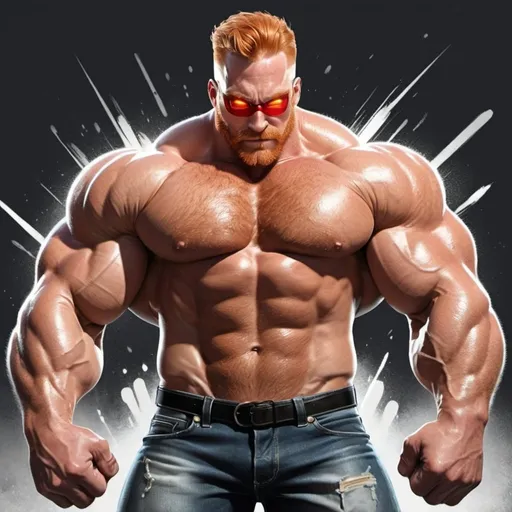 Prompt: Big huge giant strongest muscular mighty invincible super hero gay dream handsome daddy. Comic style, digital painting. Strong muscular man with giant size muscle. 100000 inch arm. 200000 inch chest. 800000000 kg. Tall. Big pumped chest, big muscular legs. Very wide shoulders, big round shoulders, strong, masculine, hairy, abs. Handsome, daddy, ginger. Strongest man alive. Chunky. Bulking. Fat. Realistic. Hottest man alive.