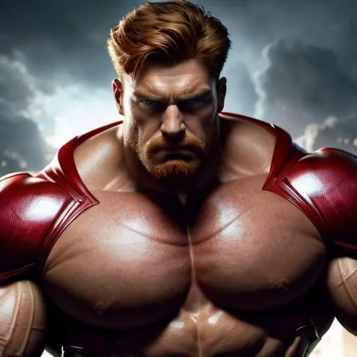 Prompt: Digital art of a massive, muscular, military man with ginger hair, superhero-themed, close-up shot, extremely masculine, huge pumped pecs, bulging biceps, v-shaped torso, wide shoulders, small waist, ripped physique, muscle morphing, strong facial features, short hairs, high-res, detailed, masculine, superhero, close-up, powerful, intense lighting