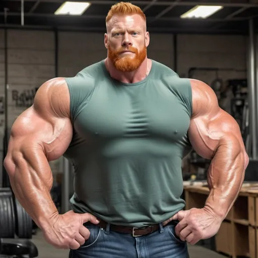 Prompt: Big huge giant strongest muscular super hero daddy. Strong muscular man with giant size muscle. 100000 inch arm. 200000 inch chest. 800000000 kg. Tall. Big pumped chest, big muscular legs. Very wide shoulders, big round shoulders, strong, masculine, hairy, abs. Handsome, daddy, ginger. Strongest man alive. Chunky. Fat. Realistic