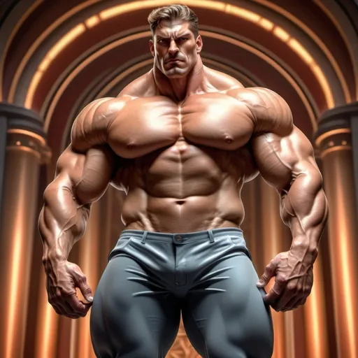 Prompt: Tall, muscular man with strong facial features, colossal 250 kg, huge muscular calves, 100cm quads, insane size muscle, handsome, tight clothes, very short trousers, detailed, realistic, hyper-realistic, ultra-high definition, bodybuilding, dramatic lighting, intense expression, professional, highres, muscular, powerful, realistic, legs close up