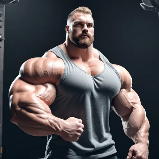 Prompt: Biggest Huge muscular bodybuilder with giant muscle. Colossal. 200 cm bicep flex. 300 kg. Super Tall. Very strong, hairy body. Handsome and masculine. Big muscles. Hairy, blonde, buff. Realistic, cute. Bulk. Strong