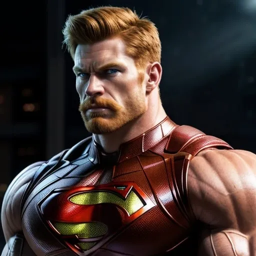 Prompt: Digital art of a massive, muscular, military man with ginger hair, superhero-themed, close-up shot, extremely masculine, huge pumped pecs, bulging biceps, v-shaped torso, wide shoulders, small waist, ripped physique, muscle morphing, strong facial features, short hairs, high-res, detailed, masculine, superhero, close-up, powerful, intense lighting