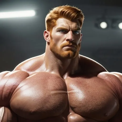 Prompt: Digital art of a massive, muscular, military man with ginger hair, superhero-themed, close-up shot, extremely masculine, huge pumped pecs, bulging biceps, v-shaped torso, wide shoulders, small waist, ripped physique, muscle morphing, strong facial features, short hairs, high-res, detailed, masculine, superhero, close-up, powerful, intense lighting