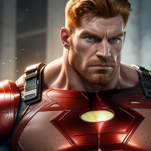 Prompt: Digital art of a massive, muscular, military man with ginger hair, superhero-themed, close-up shot, extremely masculine, huge pumped pecs, bulging biceps, v-shaped torso, wide shoulders, small waist, ripped physique, muscle morphing, strong facial features, short hairs, high-res, detailed, masculine, superhero, close-up, powerful, intense lighting