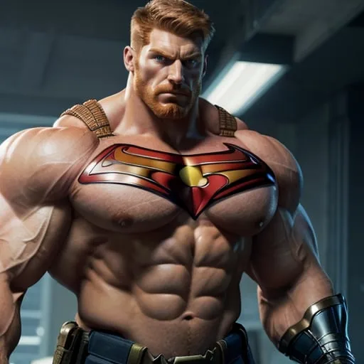 Prompt: Digital art of a massive, muscular, military man with ginger hair, superhero-themed, close-up shot, extremely masculine, huge pumped pecs, bulging biceps, v-shaped torso, wide shoulders, small waist, ripped physique, muscle morphing, strong facial features, short hairs, high-res, detailed, masculine, superhero, powerful, intense lighting