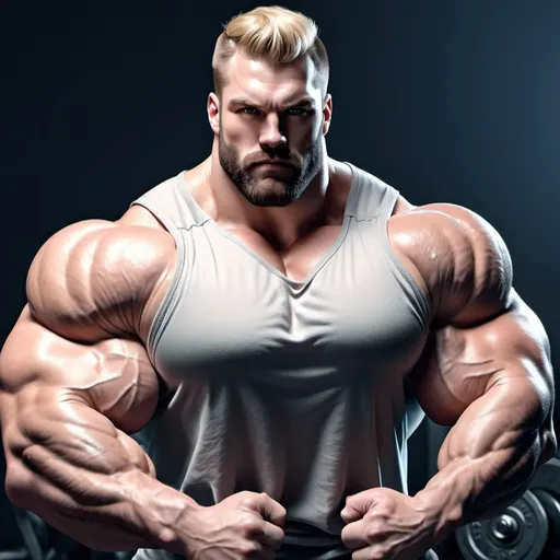 Prompt: Biggest Huge muscular bodybuilder with giant muscle. Colossal. 200 cm bicep flex. 400 kg. Super Tall. Very strong, hairy body. Handsome and masculine. Big muscles. Hairy, blonde, buff. Realistic, cute. Bulk. Strong