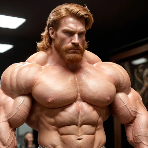 Prompt: Massive muscular hairy man in tight sport outfit, giant pecs and biceps, v-shaped with small waist, wide shoulders, elegant attire, ginger, masculine, bulging muscles, 8k quality, masculine, fantasy art, muscle morph, handsome, stylish lighting, realistic style, detailed facial features, intense gaze