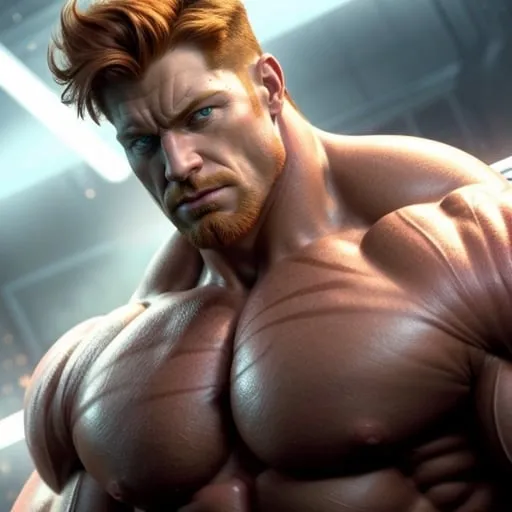 Prompt: Digital art of a massive, muscular, military man with ginger hair, superhero-themed, close-up shot, extremely masculine, huge pumped pecs, bulging biceps, v-shaped torso, wide shoulders, small waist, ripped physique, muscle morphing, strong facial features, short hairs, high-res, detailed, masculine, superhero, close-up, powerful, intense lighting