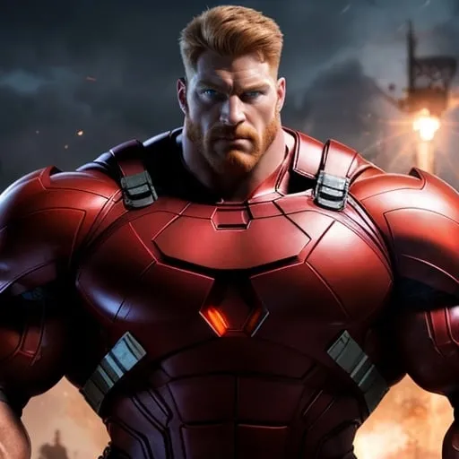 Prompt: Digital art of a massive, muscular, military man with ginger hair, superhero-themed, close-up shot, extremely masculine, huge pumped pecs, bulging biceps, v-shaped torso, wide shoulders, small waist, ripped physique, muscle morphing, strong facial features, short hairs, high-res, detailed, masculine, superhero, close-up, powerful, intense lighting