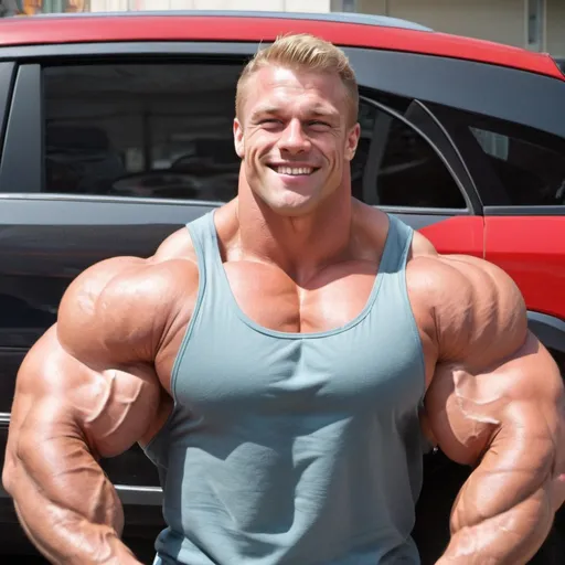 Prompt: Biggest bicep flex ever. Huge muscular bodybuilder with giant muscle, arm close up. 200 cm bicep flex. Bicep as tall as a car. Lifting a car. Very strong, hairy body. Handsome and masculine. Big muscles. Young, blonde, buff. Realistic, smiling, cute. Bulk. Wide shoulders, tall, strong, powerful. Hot