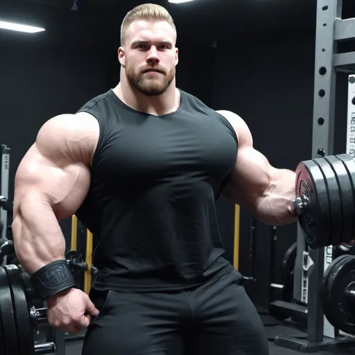 Prompt: Black spandex Biggest bicep flex ever. Huge muscular bodybuilder with giant muscle 120 cm bicep flex. 200 kg. Super Tall. Very strong, hairy body. Handsome and masculine. Big muscles. Black tight clothes. Young, blonde, buff. Realistic. Bulk. Chubby