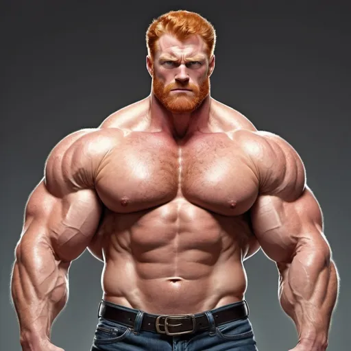 Prompt: Fake draw Big huge giant strongest muscular mighty invincible super hero gay dream handsome daddy. Comic style, digital painting. Strong muscular man with giant size muscle. 100000 inch arm. 200000 inch chest. 800000000 kg. Tall. Big pumped chest, big muscular legs. Very wide shoulders, big round shoulders, strong, masculine, hairy, abs. Handsome, daddy, ginger. Strongest man alive. Chunky. Bulking. Fat. Realistic. Hottest man alive.