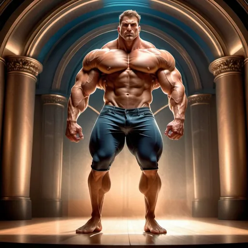 Prompt: Tall, muscular man with strong facial features, colossal 250 kg, huge muscular calves, 100cm quads, insane size muscle, handsome, tight clothes, very short trousers, detailed, realistic, hyper-realistic, ultra-high definition, bodybuilding, dramatic lighting, intense expression, professional, highres, muscular, powerful, realistic