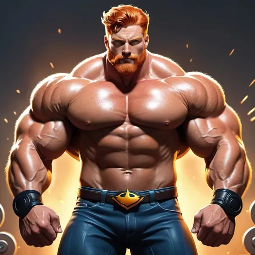 Prompt: Big huge giant strongest muscular mighty invincible super hero gay dream handsome daddy. Comic style, digital painting. Strong muscular man with giant size muscle. 100000 inch arm. 200000 inch chest. 800000000 kg. Tall. Big pumped chest, big muscular legs. Very wide shoulders, big round shoulders, strong, masculine, hairy, abs. Handsome, daddy, ginger. Strongest man alive. Chunky. Bulking. Fat. Realistic. Hottest man alive.