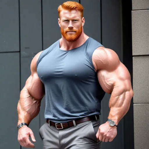 Prompt: Big huge giant strongest muscular mighty super hero gay dream handsome daddy. Strong muscular man with giant size muscle. 100000 inch arm. 200000 inch chest. 800000000 kg. Tall. Big pumped chest, big muscular legs. Very wide shoulders, big round shoulders, strong, masculine, hairy, abs. Handsome, daddy, ginger. Strongest man alive. Chunky. Bulking. Fat. Realistic. Upper body view