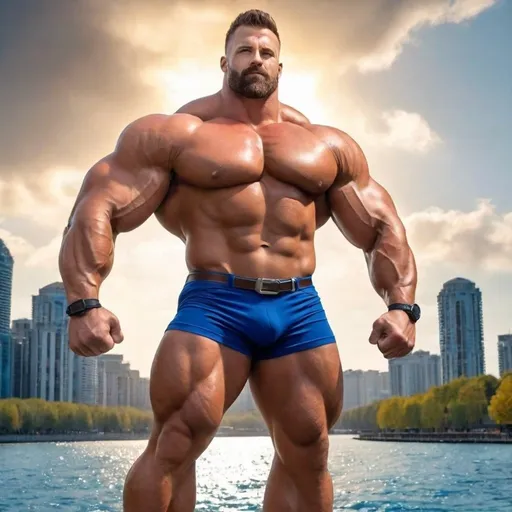 Prompt: detailed, high quality. Big huge buff beautiful giant strongest muscular mighty invincible super hero gay dream handsome daddy. 3000 kg, 100 meters tall, colossal.  Strong muscular man with giant size muscle. Tall. Big pumped chest, big muscular legs. Very wide shoulders, big round shoulders, strong, masculine, hairy, abs. Handsome, daddy, ginger. Strongest man alive. Chunky. Bulking. Fat. Realistic. Hottest man alive. Upper body view. Blue tank. Bodybuilder