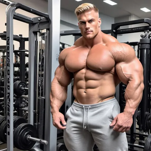 Prompt: Big massive huge muscular daddy wearing gray sweatpants and long sleeve shirt with round muscles that you can notice under the clothes.  Giant muscles, colossal, big, bulking steroids user bodybuilder, tall, strong, handsome. 500 kg, 1000 cm biceps. Blonde, beautiful, model, sexiest man ever. Strongest man ever. Biggest muscles, realistic, gay dream, detailed, 8k, v shape, big shoulders,  slim waist