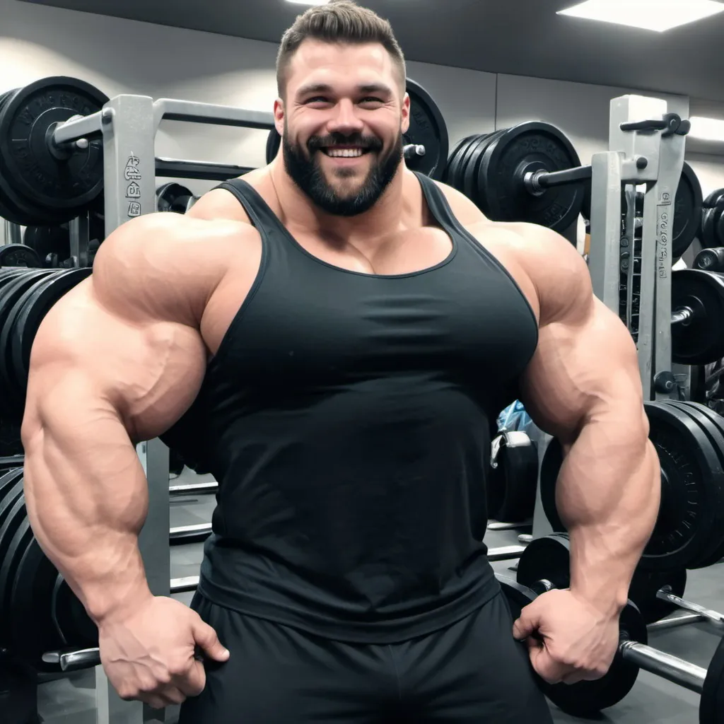 Prompt: Black spandex Biggest bicep flex ever. Huge muscular bodybuilder with giant muscle. Colossal. 200 cm bicep flex. 1000 kg. Super Tall. Very strong, hairy body. Handsome and masculine. Big muscles. Young, blonde, buff. Realistic, smiling, cute. Bulk. Chubby