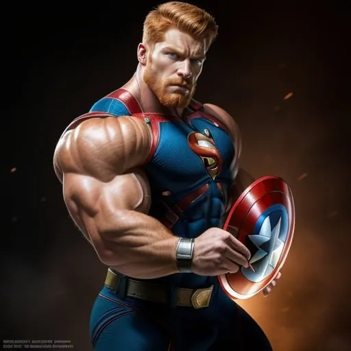 Prompt: Digital art of a massive, muscular, military man with ginger hair, superhero-themed, close-up shot, extremely masculine, huge pumped pecs, bulging biceps, v-shaped torso, wide shoulders, small waist, ripped physique, muscle morphing, strong facial features, short hairs, high-res, detailed, masculine, superhero, close-up, powerful, intense lighting