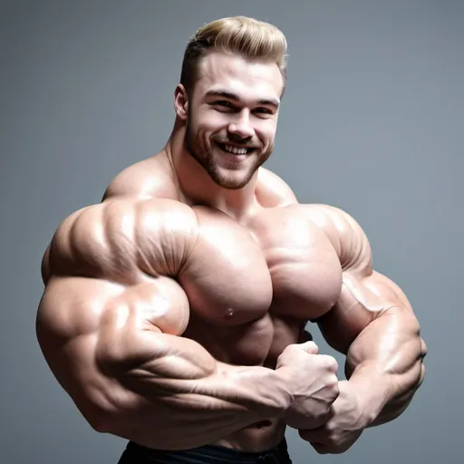 Prompt: Biggest bicep flex ever. Huge muscular bodybuilder with giant muscle, arm close up. 200 cm bicep flex. 300 kg. Super Tall. Very strong, hairy body. Handsome and masculine. Big muscles. Young, blonde, buff. Realistic, smiling, cute. Bulk. 