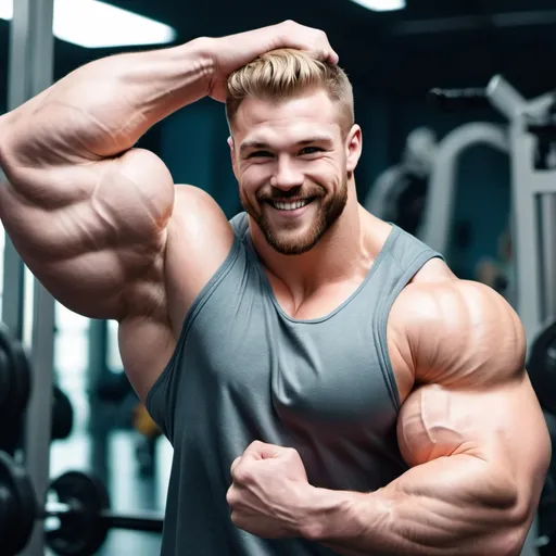 Prompt: Biggest bicep flex ever. Huge muscular bodybuilder with giant muscle, arm close up. 100 cm bicep flex. 140 kg. Tall. Very strong, hairy body. Handsome and masculine. Big muscles. Young, blonde, buff. Realistic, smiling, cute. Bulk. 