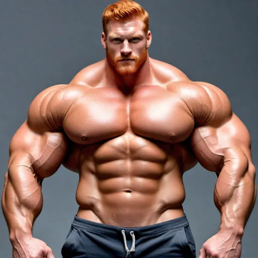 Prompt: sexiest huge strongest muscular realistic mighty bodybuilder model, gay dream handsome daddy. Strong muscular man with giant size muscle. 100000 inch arm. 200000 inch chest. 800000000 kg. Tall. Big pumped chest, big muscular legs. Very wide shoulders, big round shoulders, strong, masculine, hairy, abs. Handsome, daddy, ginger. V shape, wide shouldersStrongest man alive. Chunky. Bulking. Fat. Realistic. Upper body view