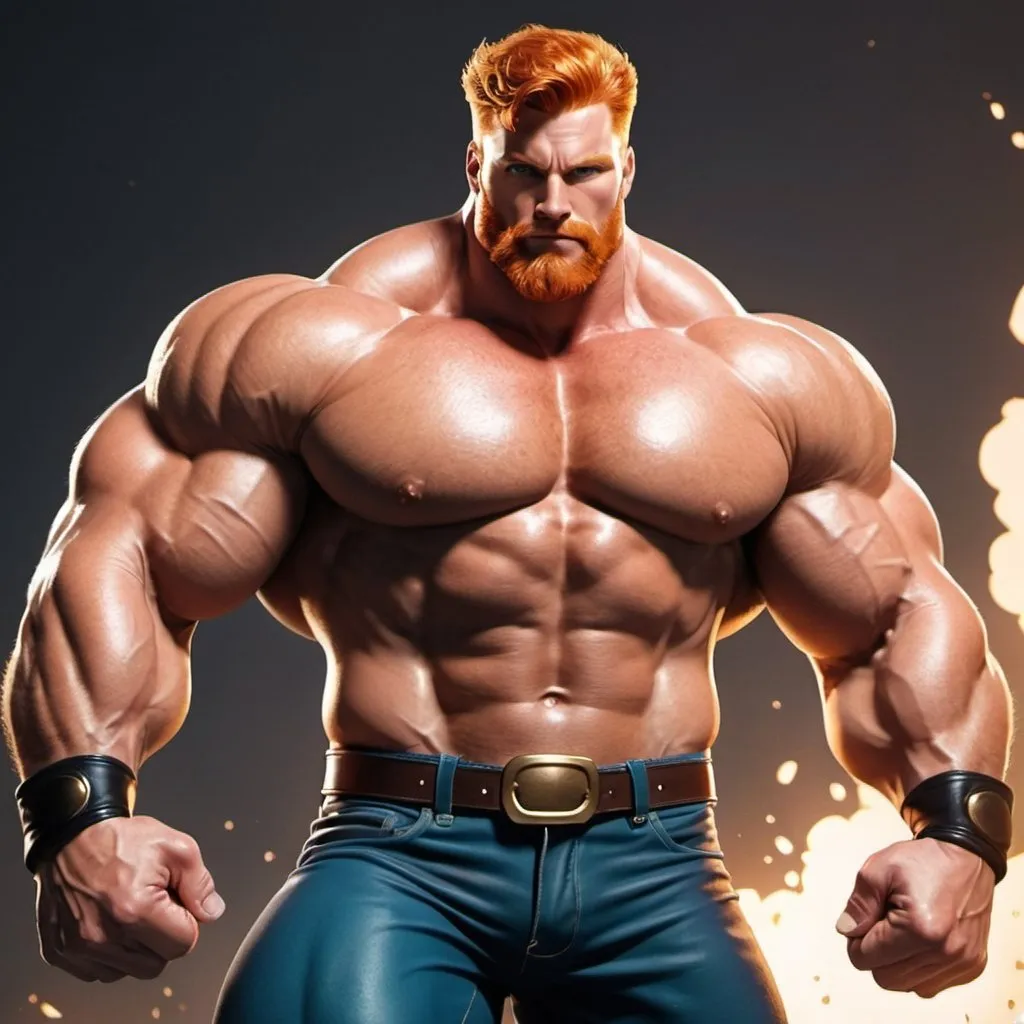 Prompt: Big huge giant strongest muscular mighty invincible super hero gay dream handsome daddy. Comic style, digital painting. Strong muscular man with giant size muscle. 100000 inch arm. 200000 inch chest. 800000000 kg. Tall. Big pumped chest, big muscular legs. Very wide shoulders, big round shoulders, strong, masculine, hairy, abs. Handsome, daddy, ginger. Strongest man alive. Chunky. Bulking. Fat. Realistic. Hottest man alive.