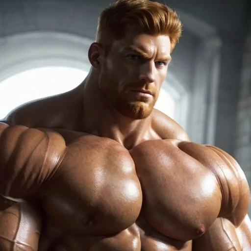 Prompt: Digital art of a massive, muscular, military man with ginger hair, superhero-themed, close-up shot, extremely masculine, huge pumped pecs, bulging biceps, v-shaped torso, wide shoulders, small waist, ripped physique, muscle morphing, strong facial features, short hairs, high-res, detailed, masculine, superhero, close-up, powerful, intense lighting