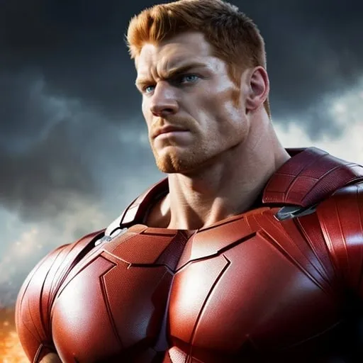 Prompt: Digital art of a massive, muscular, military man with ginger hair, superhero-themed, close-up shot, extremely masculine, huge pumped pecs, bulging biceps, v-shaped torso, wide shoulders, small waist, ripped physique, muscle morphing, strong facial features, short hairs, high-res, detailed, masculine, superhero, close-up, powerful, intense lighting