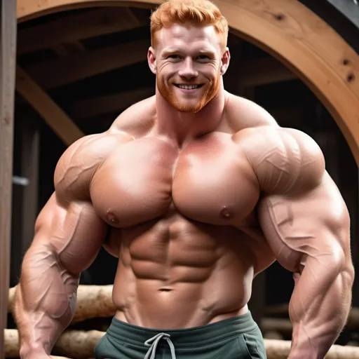 Prompt: Biggest handsome muscular model with giant muscles. Hairy muscular chest. V shape, wide round shoulders. Very strong, abs, pumped Big muscles. Massive, bulking, 800 kg body weight. Steroids. Strongest human ever. Hairy, ginger. Realistic, gay dream. Lumberjack, beautiful, tall, manly, smiling