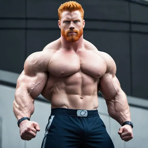 Prompt: Big huge giant strongest muscular mighty invincible super hero gay dream handsome daddy. Strong muscular man with giant size muscle. 30 inch arm. 100 inch chest. 200 kg. Tall. Big pumped chest, big muscular legs. Very wide shoulders, big round shoulders, strong, masculine, hairy, abs. Handsome, daddy, ginger. Strongest man alive. Chunky. Bulking. Realistic. Hottest man alive.