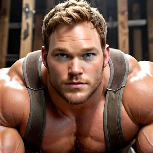 Prompt: Realistic natural lighting of a huge bodybuilder with Chris Pratt face, giant explosive hard as rock muscles, very hairy chest, beard, strongest man ever, 1000 kg, 300 cm arm, 500 cm chest, lumberjack, very very masculine, steroids abuser, gay dream, professional photo, detailed facial features, very muscular physique, highres, ultra-detailed, realistic, natural lighting, masculine, lumberjack, intense gaze