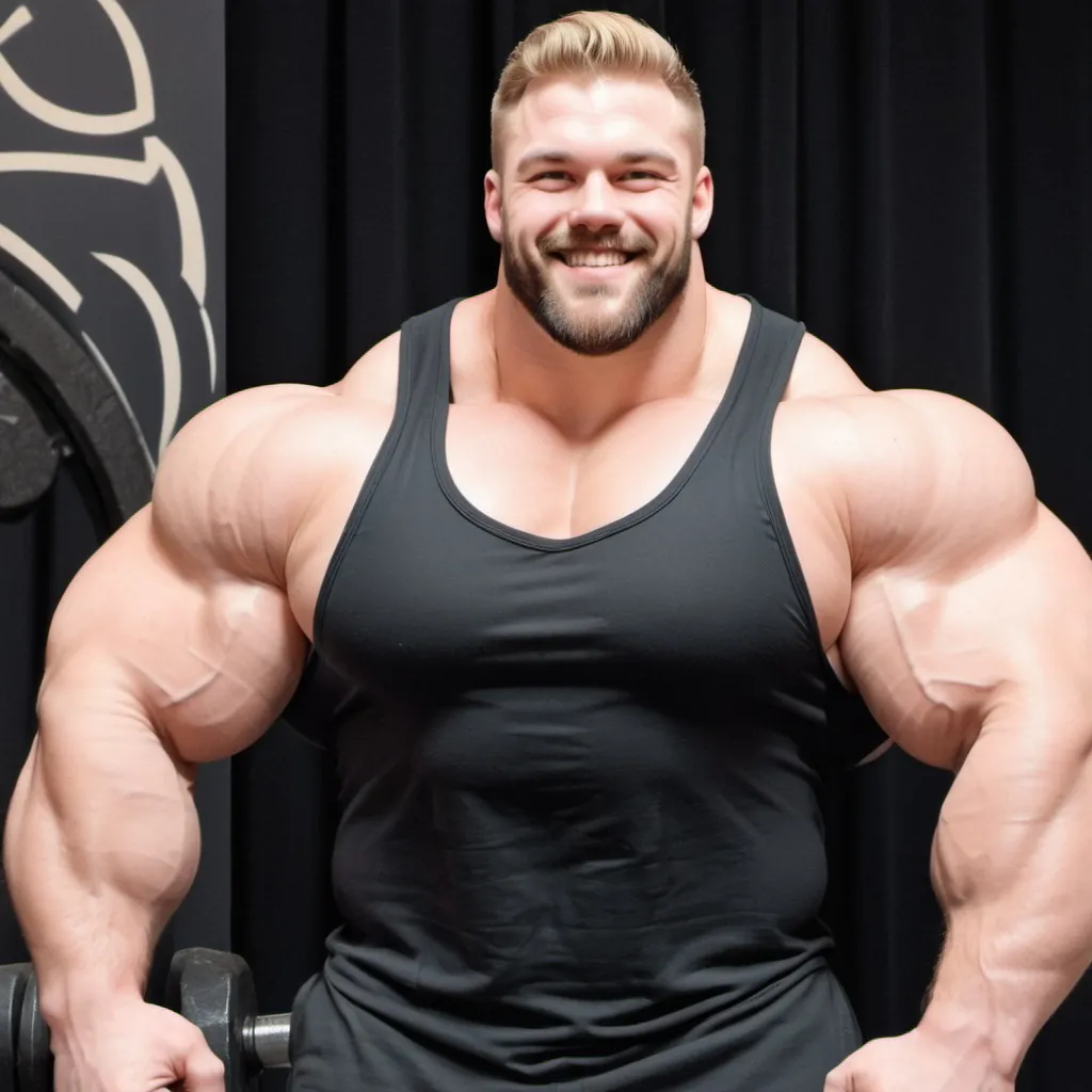 Prompt: Black spandex Biggest bicep flex ever. Huge muscular bodybuilder with giant muscle 120 cm bicep flex. 200 kg. Super Tall. Very strong, hairy body. Handsome and masculine. Big muscles. Young, blonde, buff. Realistic, smiling, cute. Bulk. Chubby