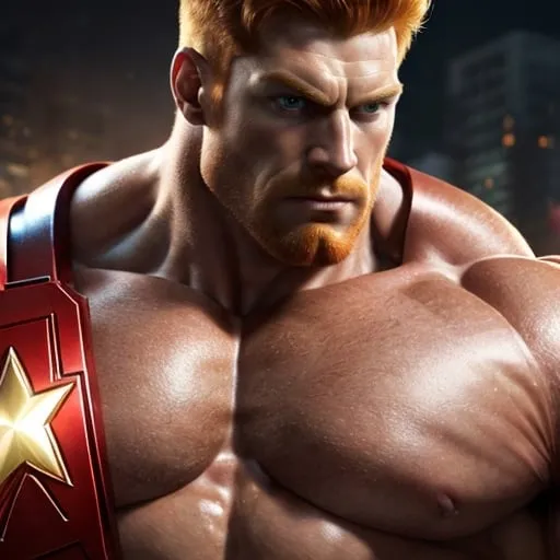 Prompt: Digital art of a massive, muscular, military man with ginger hair, superhero-themed, close-up shot, extremely masculine, huge pumped pecs, bulging biceps, v-shaped torso, wide shoulders, small waist, ripped physique, muscle morphing, strong facial features, short hairs, high-res, detailed, masculine, superhero, close-up, powerful, intense lighting