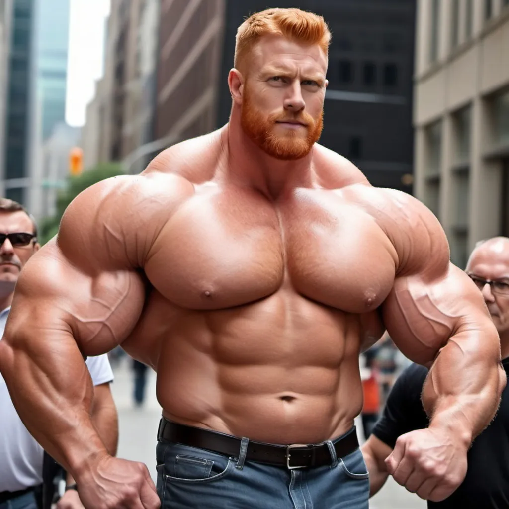 Prompt: Big huge giant strongest muscular mighty invincible super hero gay dream handsome daddy. Strong muscular man with giant size muscle. 100000 inch arm. 200000 inch chest. 800000000 kg. Tall. Big pumped chest, big muscular legs. Very wide shoulders, big round shoulders, strong, masculine, hairy, abs. Handsome, daddy, ginger. Strongest man alive. Chunky. Bulking. Fat. Realistic. Hottest man alive.