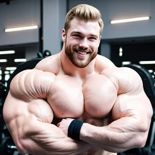 Prompt: Biggest bicep flex ever. Huge muscular bodybuilder with giant muscle, arm close up. 200 cm bicep flex. 300 kg. Super Tall. Very strong, hairy body. Handsome and masculine. Big muscles. Young, blonde, buff. Realistic, smiling, cute. Bulk. Chubby