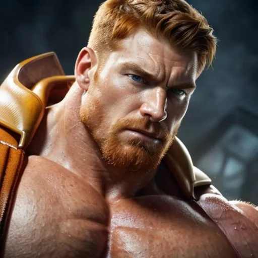 Prompt: Digital art of a massive, muscular, military man with ginger hair, superhero-themed, close-up shot, extremely masculine, huge pumped pecs, bulging biceps, v-shaped torso, wide shoulders, small waist, ripped physique, muscle morphing, strong facial features, short hairs, high-res, detailed, masculine, superhero, close-up, powerful, intense lighting