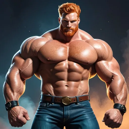 Prompt: Big huge giant strongest muscular mighty invincible super hero gay dream handsome daddy. Comic style, digital painting. Strong muscular man with giant size muscle. 100000 inch arm. 200000 inch chest. 800000000 kg. Tall. Big pumped chest, big muscular legs. Very wide shoulders, big round shoulders, strong, masculine, hairy, abs. Handsome, daddy, ginger. Strongest man alive. Chunky. Bulking. Fat. Realistic. Hottest man alive.