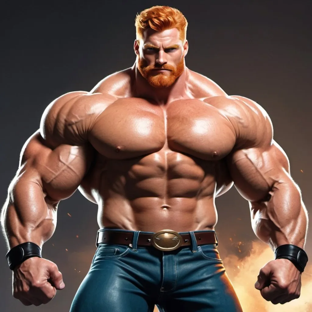 Prompt: Big huge giant strongest muscular mighty invincible super hero gay dream handsome daddy. Comic style, digital painting. Strong muscular man with giant size muscle. 100000 inch arm. 200000 inch chest. 800000000 kg. Tall. Big pumped chest, big muscular legs. Very wide shoulders, big round shoulders, strong, masculine, hairy, abs. Handsome, daddy, ginger. Strongest man alive. Chunky. Bulking. Fat. Realistic. Hottest man alive.