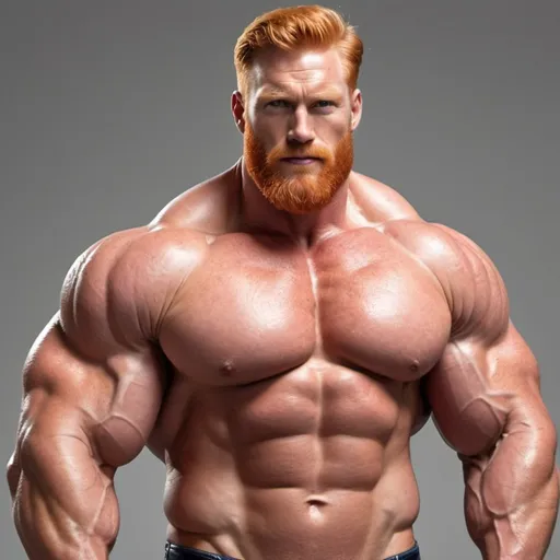 Prompt: Big huge extra iper ultra giant strongest muscular mighty super hero gay dream handsome daddy. Strong muscular man with giant size muscle. 100000 inch arm. 200000 inch chest. 800000000 kg. Tall. Big pumped chest, big muscular legs. Very wide shoulders, big round shoulders, strong, masculine, hairy, abs. Handsome, daddy, ginger. Strongest man alive. Chunky. Bulking. Fat. Realistic. Upper body view