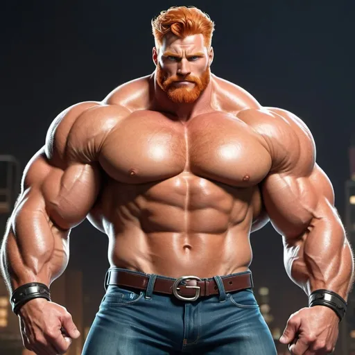 Prompt: Big huge giant strongest muscular mighty invincible super hero gay dream handsome daddy. Comic style, digital painting. Strong muscular man with giant size muscle. 100000 inch arm. 200000 inch chest. 800000000 kg. Tall. Big pumped chest, big muscular legs. Very wide shoulders, big round shoulders, strong, masculine, hairy, abs. Handsome, daddy, ginger. Strongest man alive. Chunky. Bulking. Fat. Realistic. Hottest man alive.