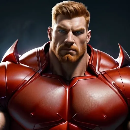 Prompt: Digital art of a massive, muscular, military man with ginger hair, superhero-themed, close-up shot, extremely masculine, huge pumped pecs, bulging biceps, v-shaped torso, wide shoulders, small waist, ripped physique, muscle morphing, strong facial features, short hairs, high-res, detailed, masculine, superhero, close-up, powerful, intense lighting