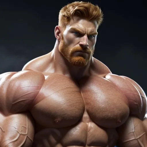 Prompt: Digital art of a massive, muscular, military man with ginger hair, superhero-themed, close-up shot, extremely masculine, huge pumped pecs, bulging biceps, v-shaped torso, wide shoulders, small waist, ripped physique, muscle morphing, strong facial features, short hairs, high-res, detailed, masculine, superhero, powerful, intense lighting