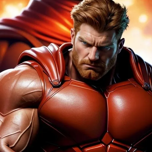 Prompt: Digital art of a massive, muscular, military man with ginger hair, superhero-themed, close-up shot, extremely masculine, huge pumped pecs, bulging biceps, v-shaped torso, wide shoulders, small waist, ripped physique, muscle morphing, strong facial features, short hairs, high-res, detailed, masculine, superhero, close-up, powerful, intense lighting